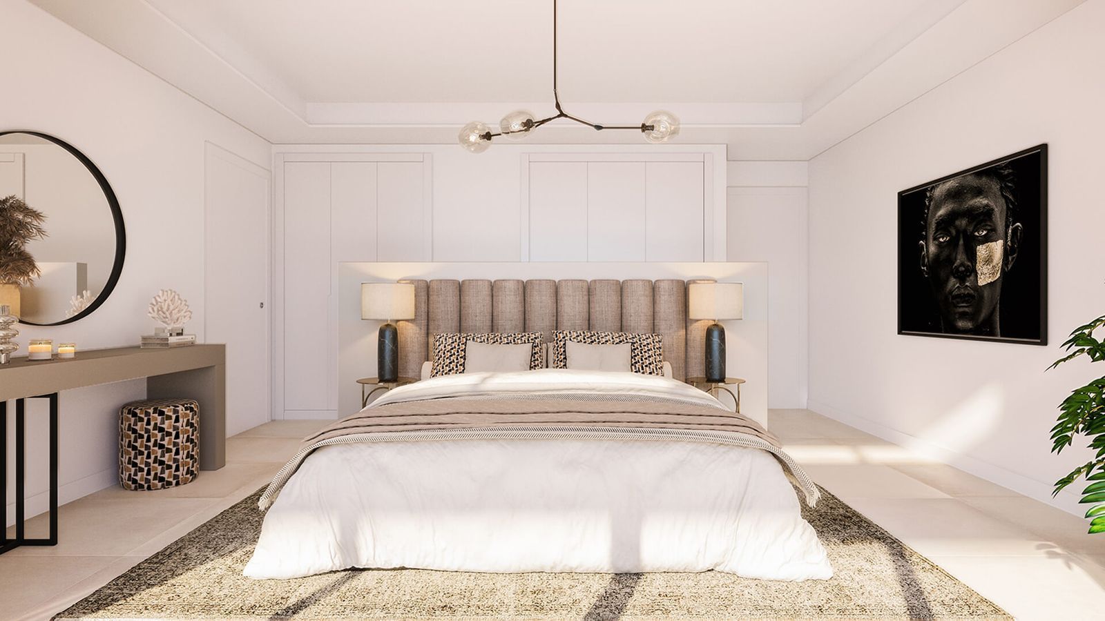 Elegantes Schlafzimmerinterieur mit modernem Bett und Wandkunst.