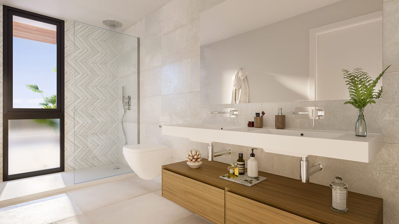 Modernes Badezimmer mit begehbarer Dusche und Doppelwaschbecken bei Evergreen Homes.