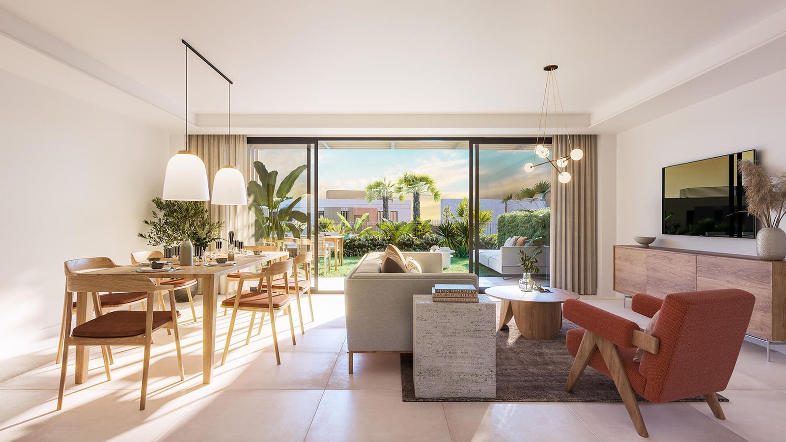 Stilvolles Wohnzimmer mit fließendem Übergang zum Außenbereich.